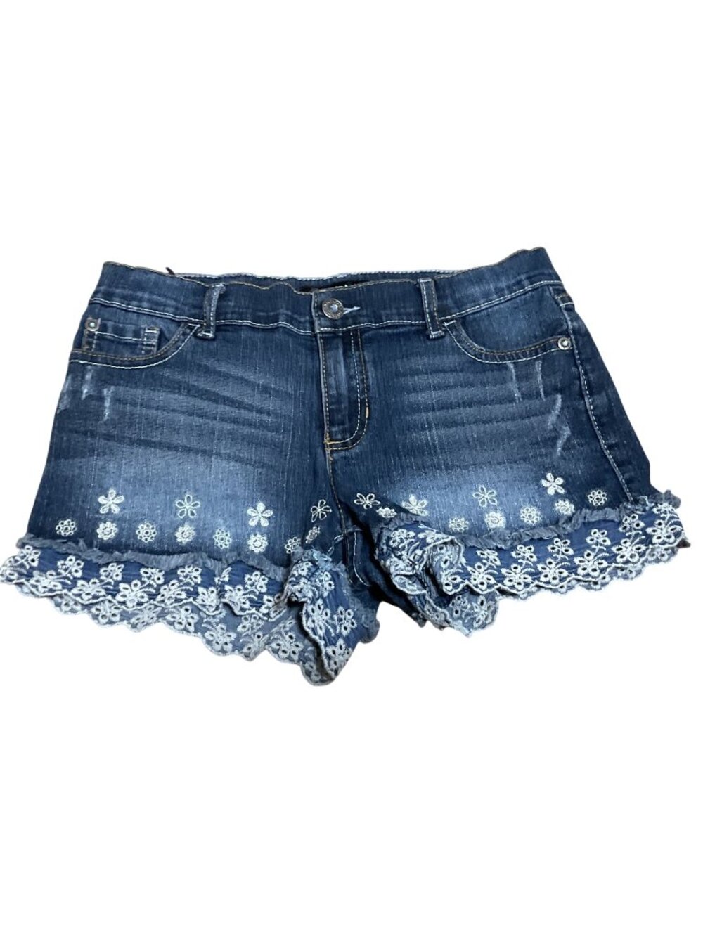 Jordache Girls Denim Shorts With White Floral Lace Trim Sz 12 Blue Cotton Blend